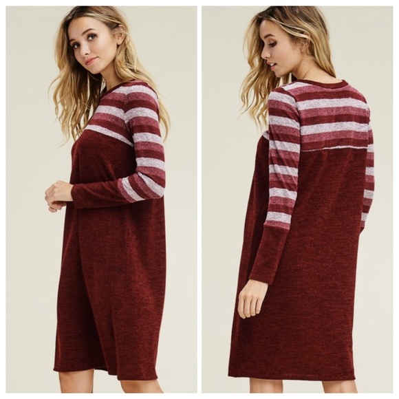 ONE LEFT Burgundy Midi Striped Sweater Dress - Picture 3 of 3